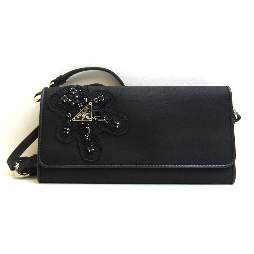 Prada Shoulder Wallet Nero Black Long Evening Bear Bijou Triangle